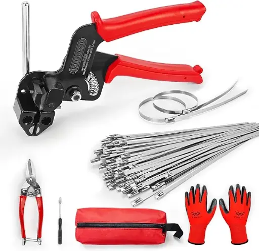 StainlessSteel Cable Tie Gun Set with 150PCS Ties - Special Tool For Fastening And Cutting Metal Cable Ties- Ideal for Chain Link Fence, Dog Fence,Outdoor Fencing, Exhaust Pipe. 